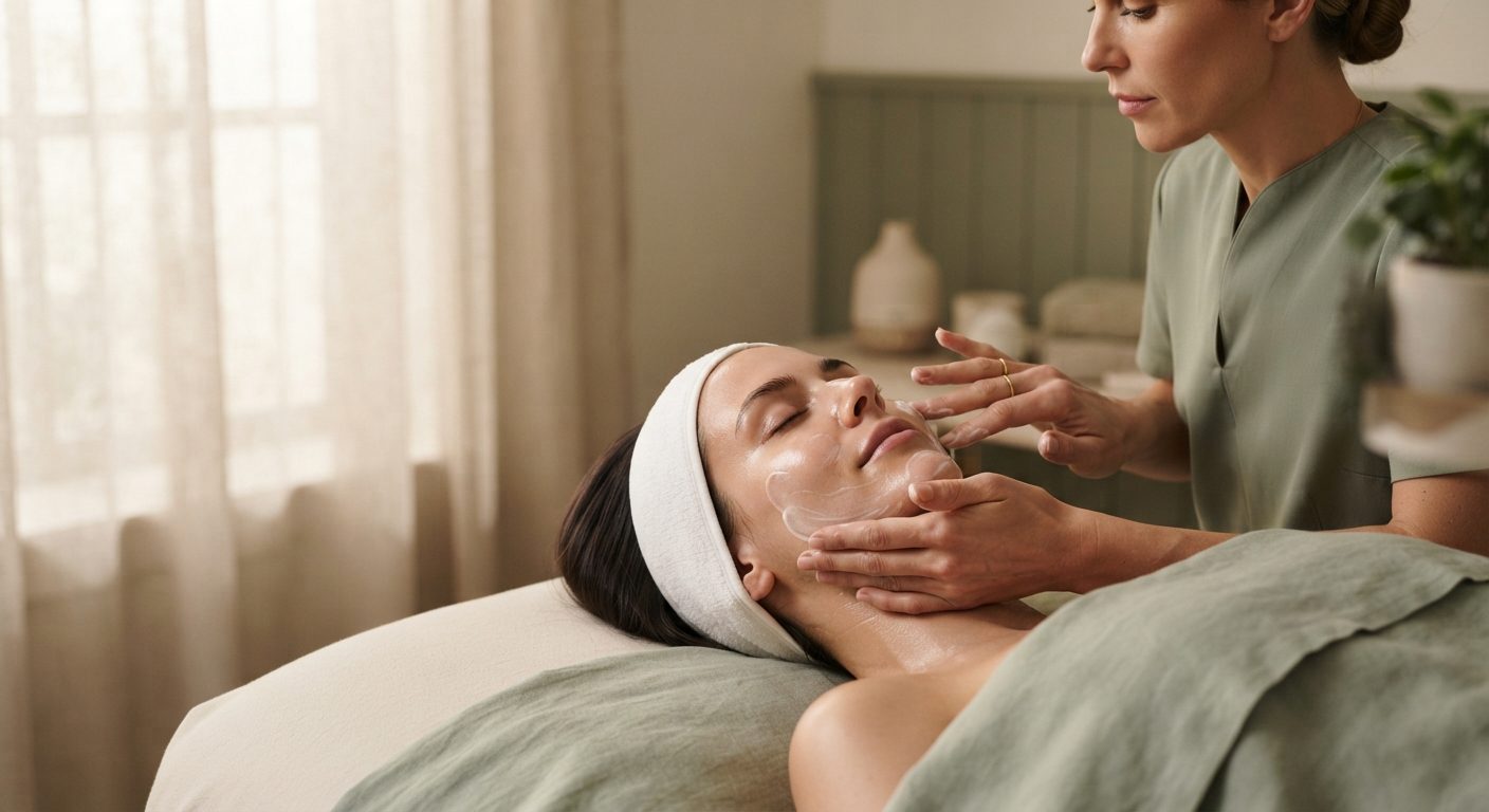 Manos de una profesional aplicando crema facial a una clienta relajada